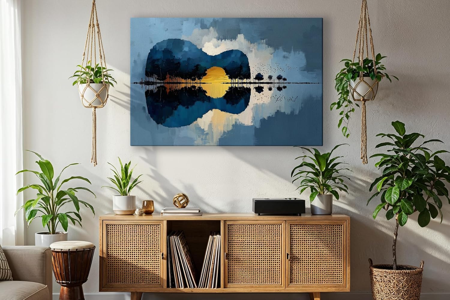 Framed Music Wall Art Canvas - Medium and Large Music-Themed Prints for Living Room, Office, Studio, Airbnb, Café Décor (Guitar Lake Sunset Reflections, 16" L x 24" W)
