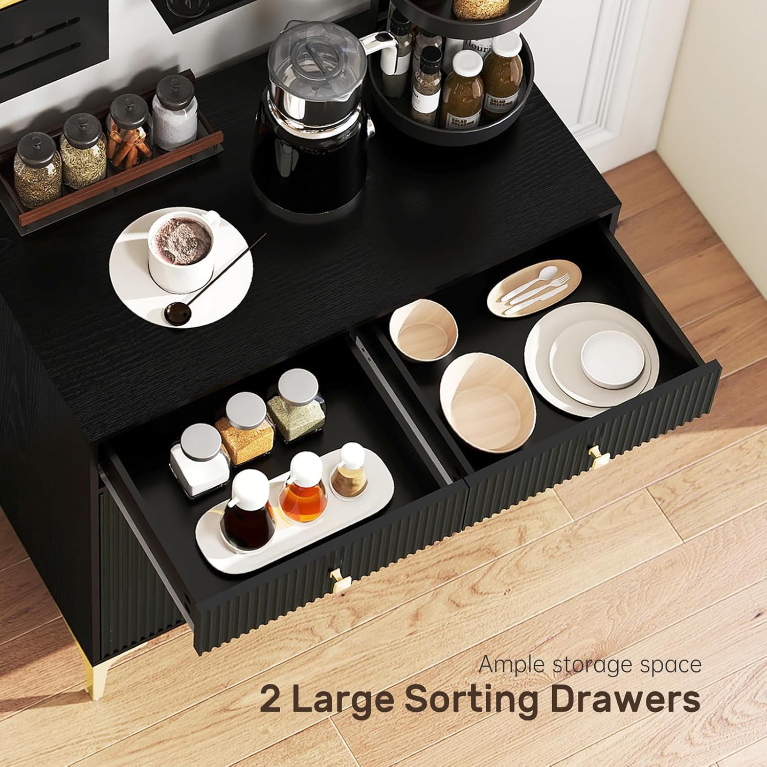 Black Sideboard Buffet Cabinet with Adjustable Shelves, Modern Storage Cabinet with Drawers and Doors, Sleek Buffet for Dining Room, Living Room, Entryway, 39.4 Inch - Image 8