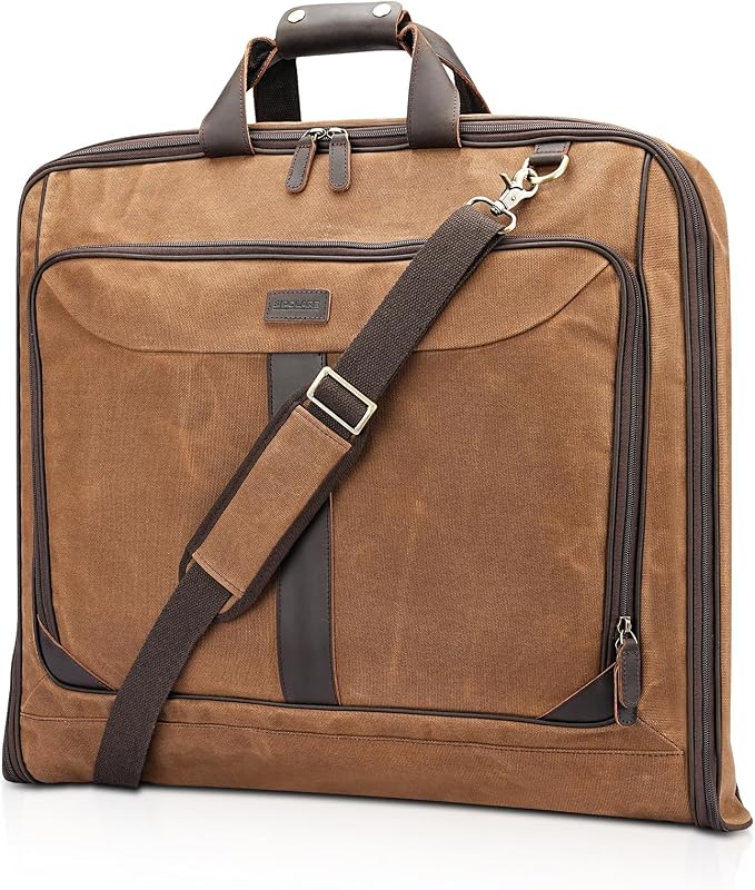 Polare Waxed Canvas Full Grain Leather Trim Garment Carry on Bag for Business Travel, Waterproof Hanging Suit Luggage Bag Wrinkle-Free Suit Cover with YKK Zipper and Shoulder Strap