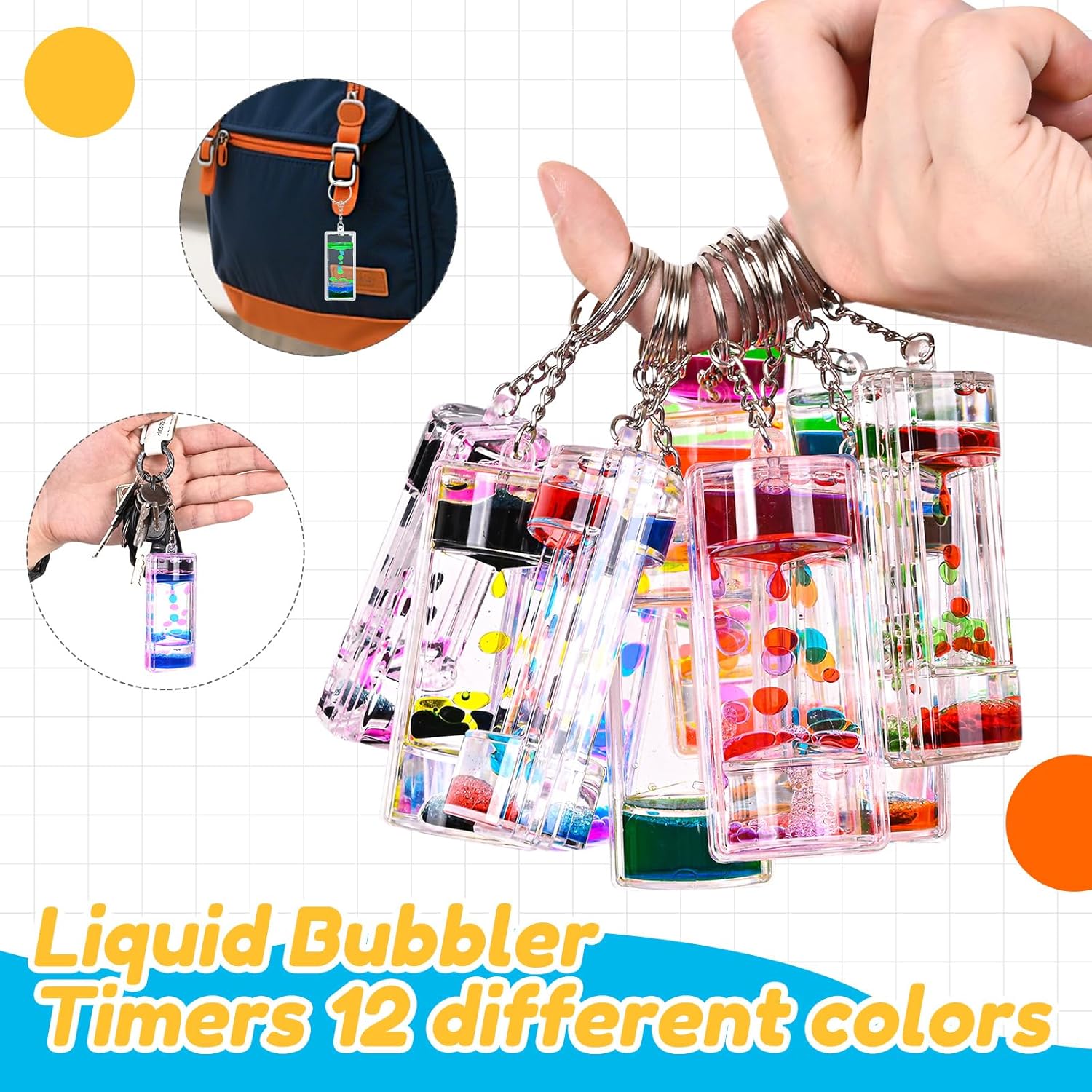 FKYTION Liquid Motion Bubbler Key Chain Pack of 12 Great Desktop Colorful Hourglass Liquid Bubbler Small Calming Relaxing Toys (Rainbow series, Pack of 12)