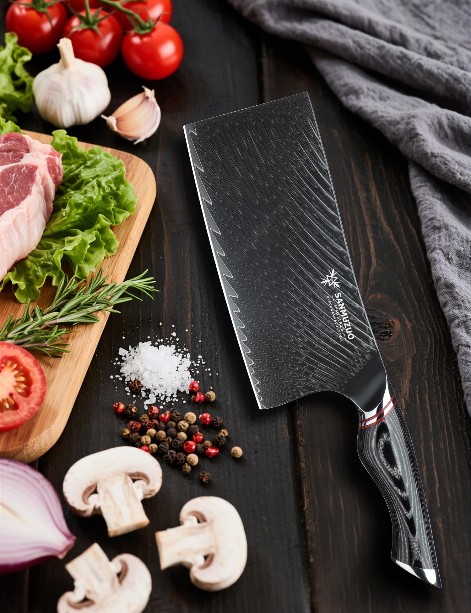 Coltello da macellaio da 18 CM - Coltello da cucina Cinese per verdure - Acciaio Damasco nero con manico ergonomico - Serie MIAO