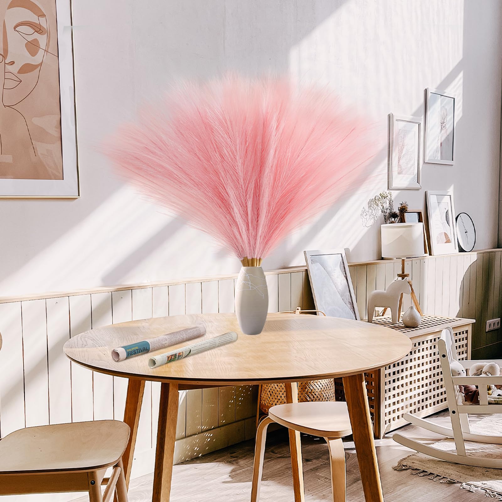 Serwalin Pampas Grass Pink Decor 45CM 6PCS, Faux Home Decor, Artificial Blush Fake Grass, Short Vase Filler Room Decoration - Image 4