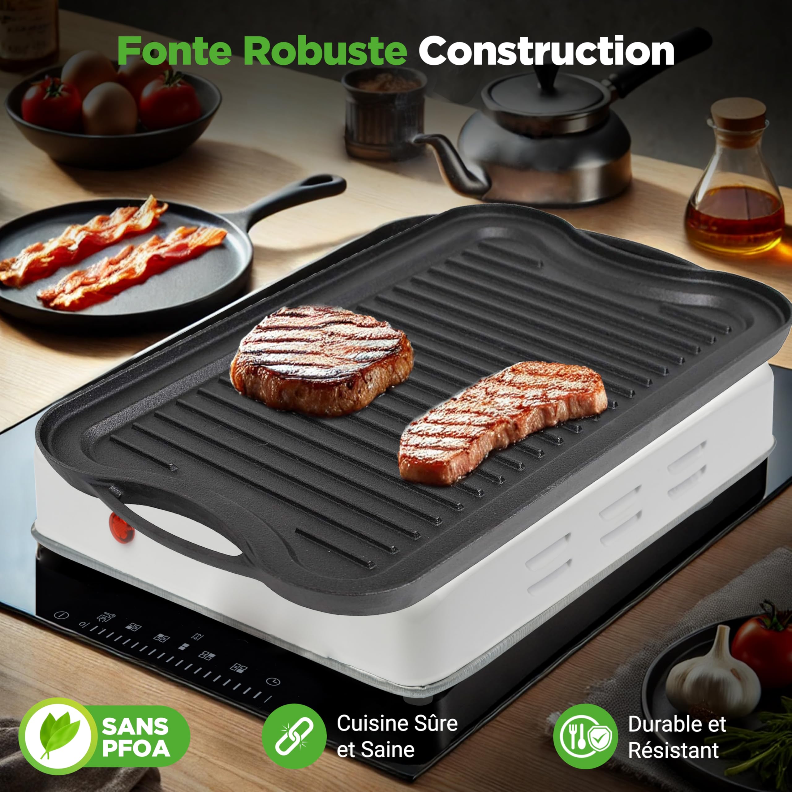 NutriChef Grillpan voor op het Fornuis , Grillplaat- Ribbelpan- Dubbele Branders- Hard