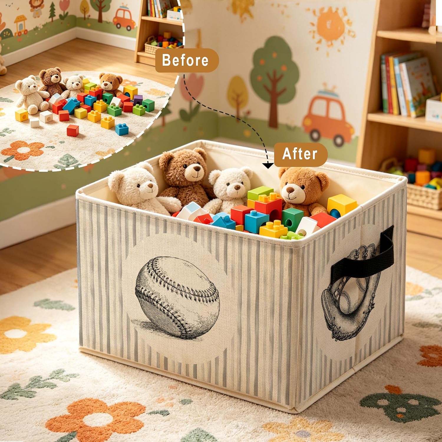 Vintage Baseball Storage Bins Box, Baseball Room Decor for Boys, Retro Sports Foldable Storage Basket with Handles for Boys Nursery Bedroom Bathroom Home Clothes Books Organizer image 5
