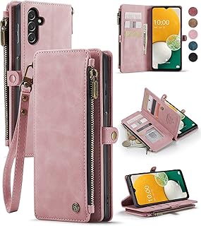 Defencase Samsung A13 Case, Galaxy A13 5G Case Wallet for Women Men, Durable PU Leather Magnetic Flip Lanyard Strap Wristlet Zipper Card Holder Wallet Phone Case for Samsung Galaxy A13 5G, Rose Pink
