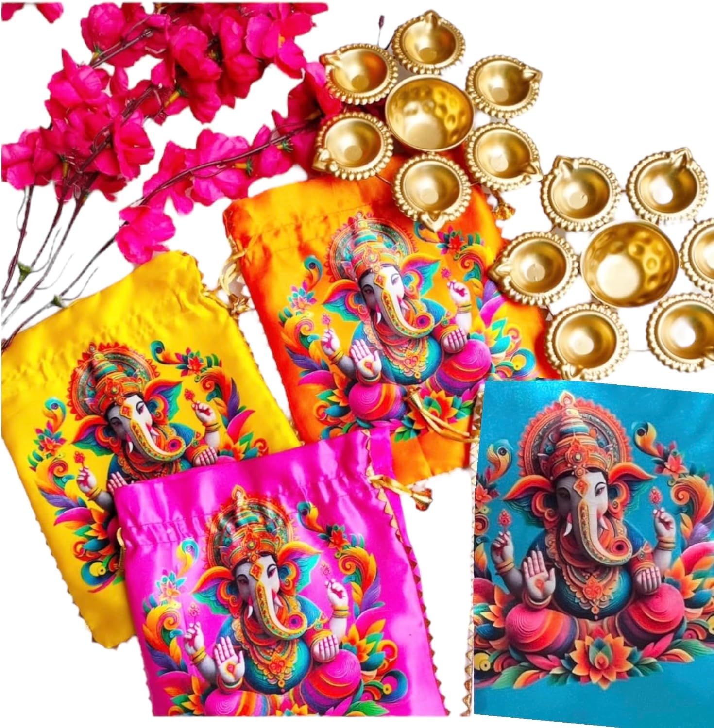 Pack of 6 Ganesha Pichwai Potlis with Diya Urli Bowl(7.5 inch) Combo Set- Indian Return Gifts for Pooja Bulk, Return Favors for House warming Sankranti Tambulam Indian Wedding Favors Diwali Gift Bags