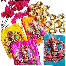 Pack of 6 Ganesha Pichwai Potlis with Diya Urli Bowl(7.5 inch) Combo Set- Indian Return Gifts for Pooja Bulk, Return Favors for House warming Sankranti Tambulam Indian Wedding Favors Diwali Gift Bags