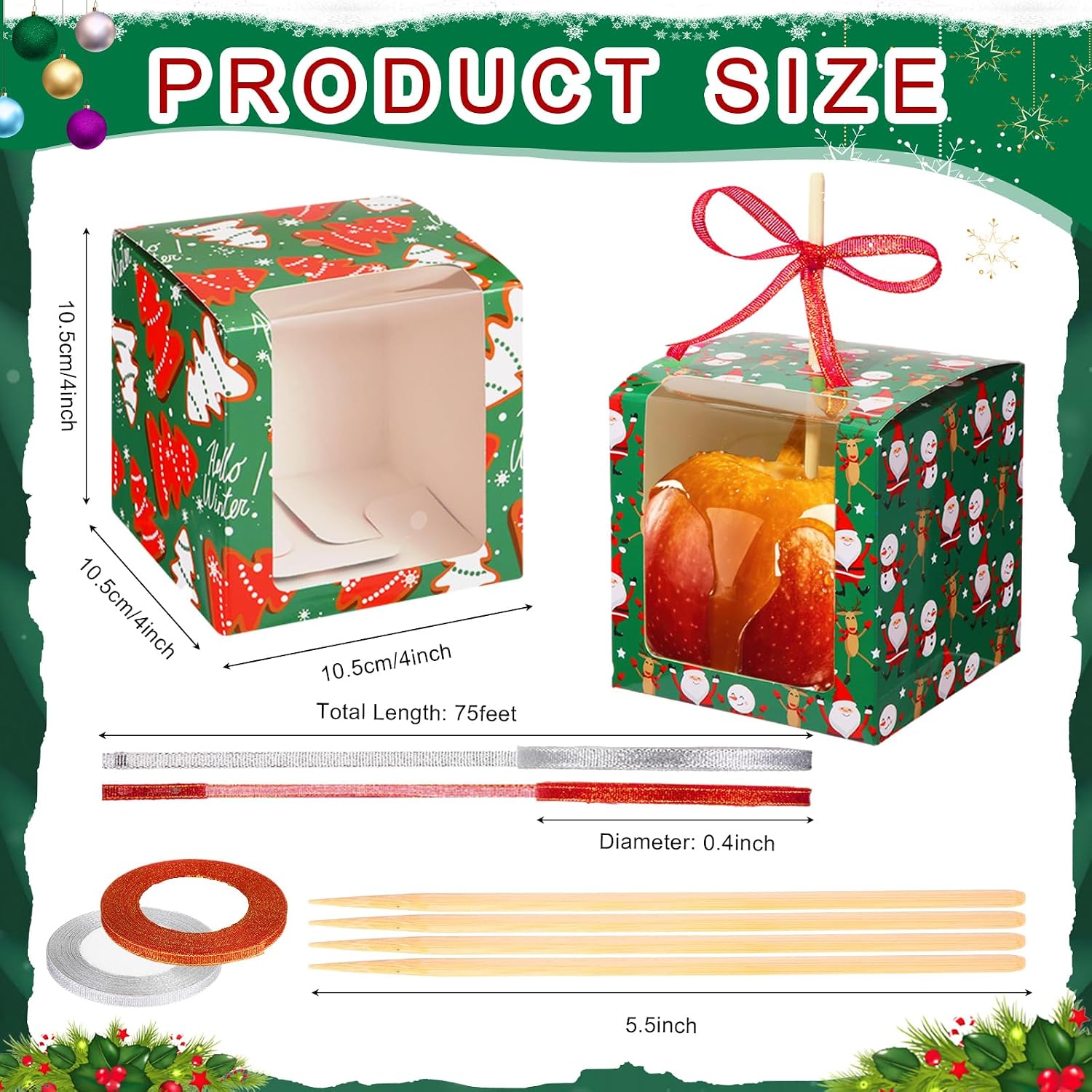 Cholemy 64 Pcs Christmas Cupcake Boxes with Window, Cookie Gift Boxes, 60 Bamboo Skewers, 2 Roll Glitter Ribbons for Christmas Party Favor