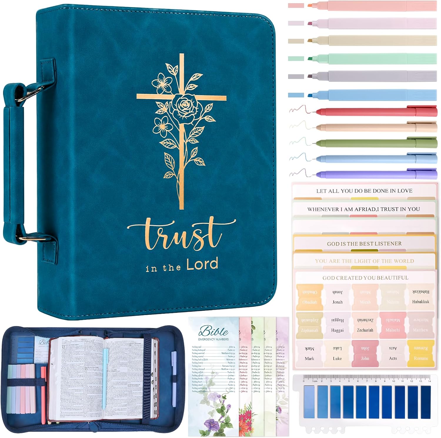 XKDOUS Bible Cover Case for Women, Leather Bible Bags with Handle, Study Supplies Journaling Kit, Gold Foiled Cross Carrying Case Large Church Book Holder Father Day Christian Gifts for Dad, Mom