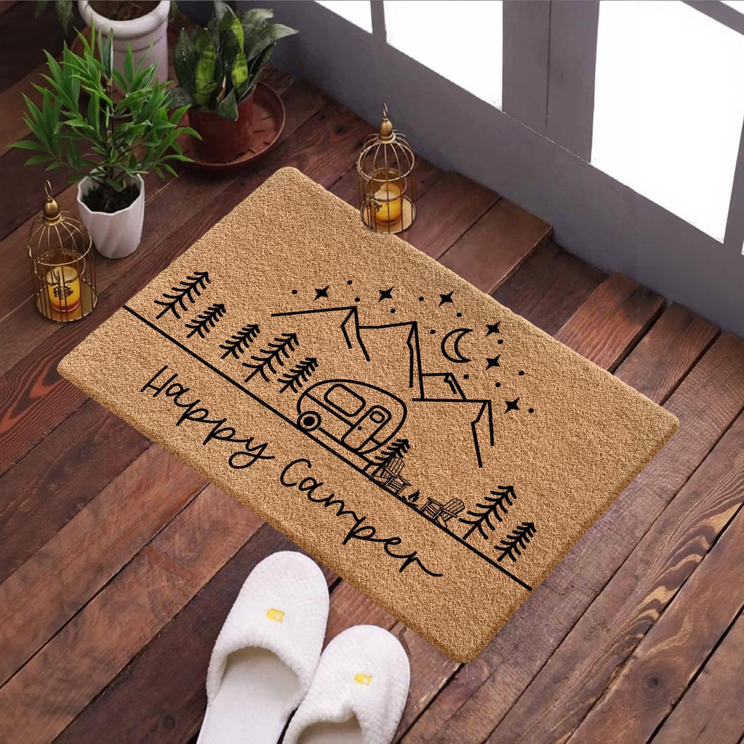 Camping Door Mat, RV Camper Cabin Doormat for Front Door Outdoor Outside Entrance Porch, Gifts for Camping Lovers Welcome Mats Doormats Outside, 17x30 Inches