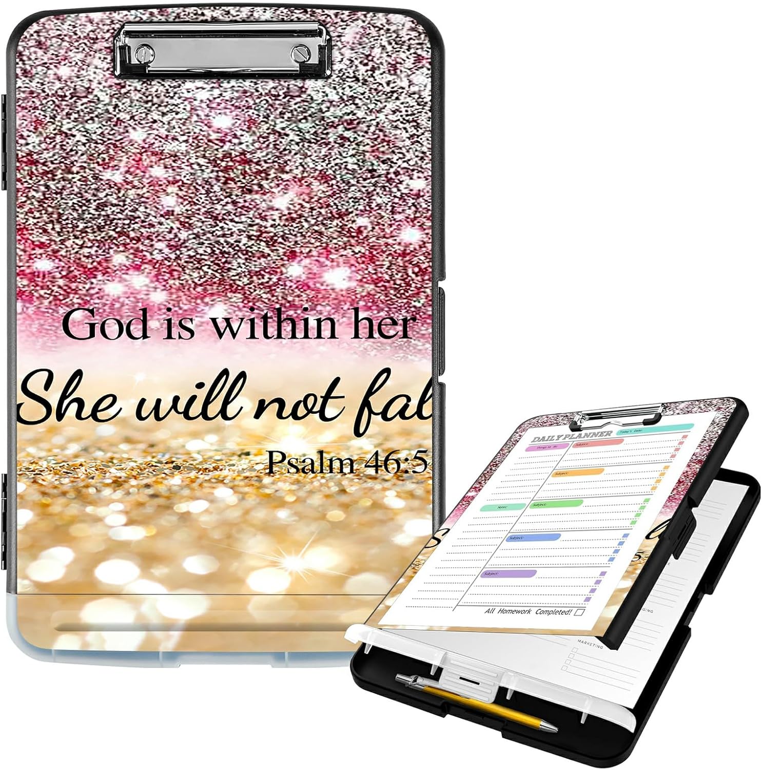 Clipboard with Storage High Capacity Plastic Nursing Clipboards with Pen Holder File Folder Storage Box Clipboard with Heavy Duty Clips for Teacher,Doctor,Offices-Christian Bible Psalm 46-5