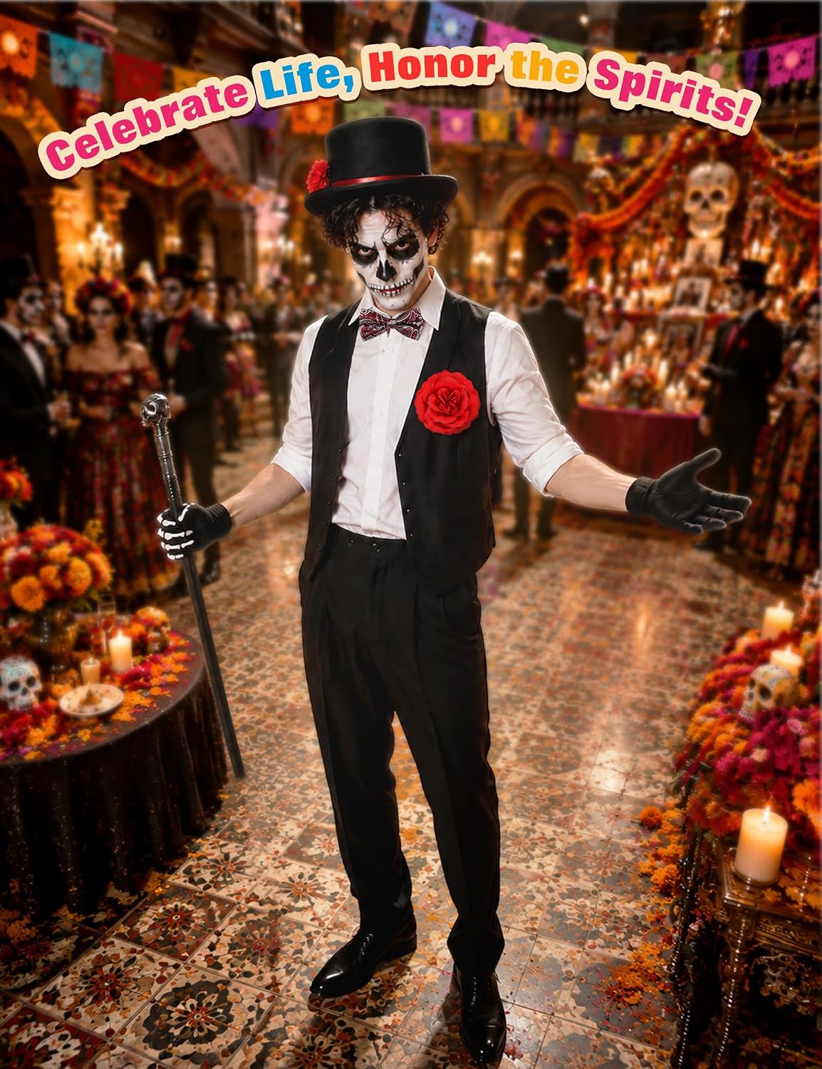 Halloween Day of the Dead Costume 5Pcs Adult Men Accessories Set
