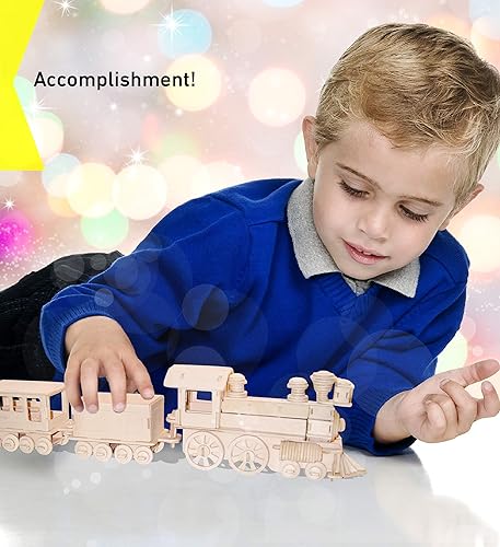 Miniatura 6 de Puzzled Rompecabezas 3D, tren de madera, kit de modelo de construcción, divertido juguete único y educativo de madera para armar manualidades sin
