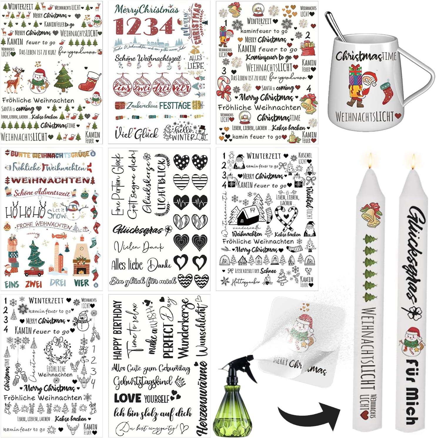 6 Stück Kerzen-Tattoos Weihnachten – DIY Wasser-Transfer-Aufkleber Zum Verzieren Von Kerzen & Keramik, 15x21 Cm