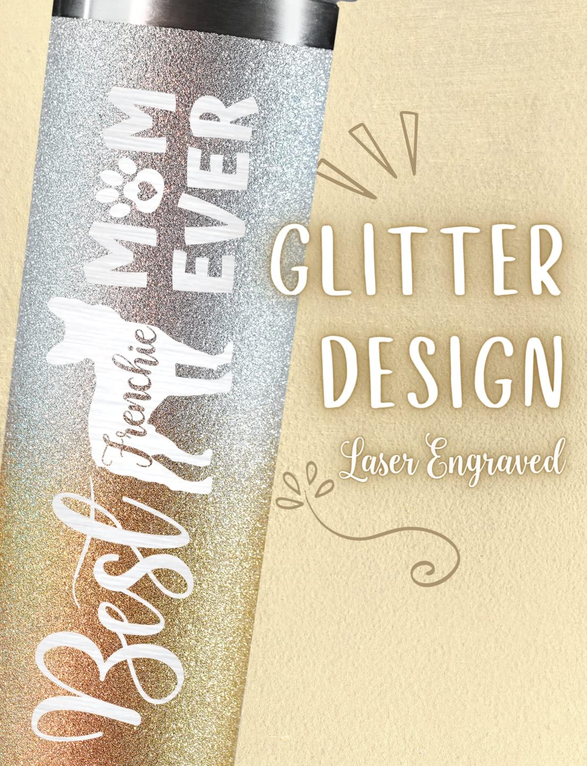 Onebttl French Bulldog Gifts, Frenchie Gifts for Frenchie Mama, 20 oz Glitter Silver-Gold Insulated Tumbler - Frenchie Mom - Image 3