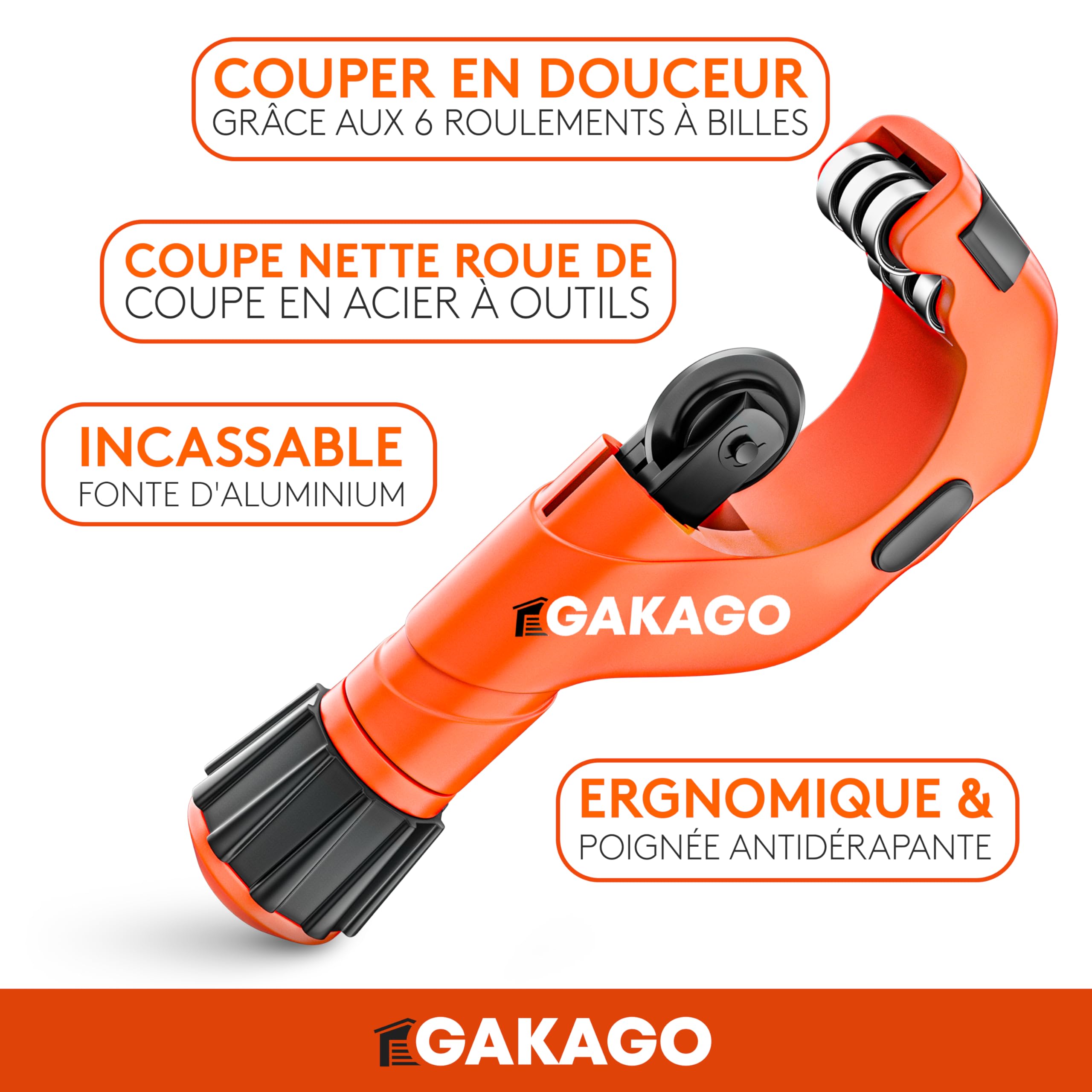 Gakago Coupe-tubes 3-50mm avec ébavureur - coupe-tubes polyvalent pour tous les métaux courants comme l'acier inoxydable, le cuivre, l'aluminium, l'acier ou le plastique (par ex. PVC & PE)