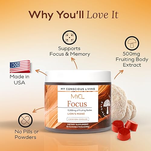 Miniatura 7 de Lions Mane - Gomitas de hongos para concentración y memoria, 500 mg de extracto corporal frutal, apoyo cognitivo y suplementos de salud cerebral
