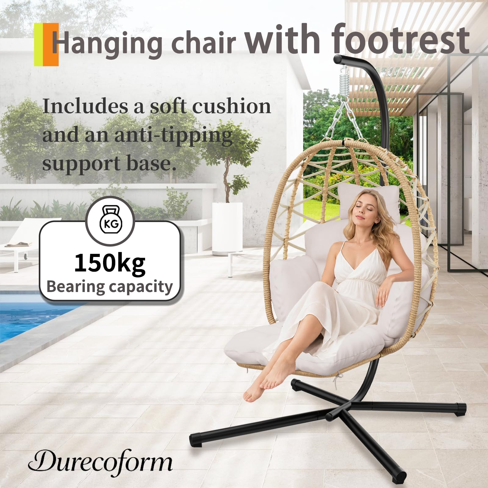 Hängesessel mit Gestell, Hängekorb Sessel mit Fußablage und Dicke Kissen, Outdoor oder Indoor Rattan Hängesessel, Möbel für Garten, Balkon, Wohnzimmer, Belastbar bis 150kg (Gray)