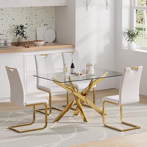 Miniatura 20 de Juego de mesa de comedor redonda de vidrio de 5 piezas, juego de mesa de comedor redonda de vidrio para 4 mesas de cocina con 4 sillas tapizadas de