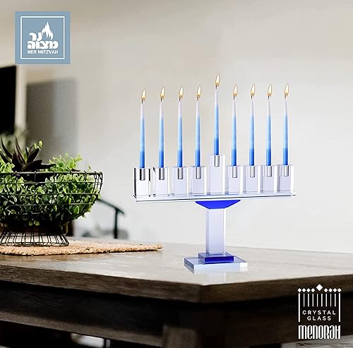 Miniatura 6 de Menorá de Hanukkah de cristal azul  Se adapta a todas las velas estándar de Janucá  Menorá moderna de cristal para Janucá  9 pulgadas de alto Ner