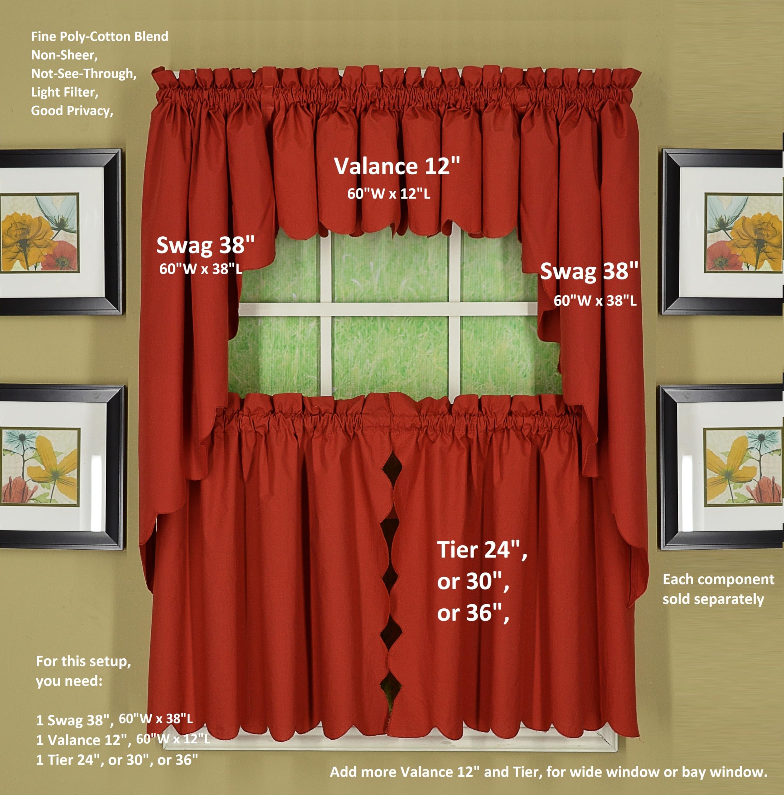 Today's Curtain Orleans 24" Tier Pair Tambour Scallop Edge Curtain, Brick Red, 60" W x L (Pack of 1), W 24" x L 60" (1 Panels) - Image 4