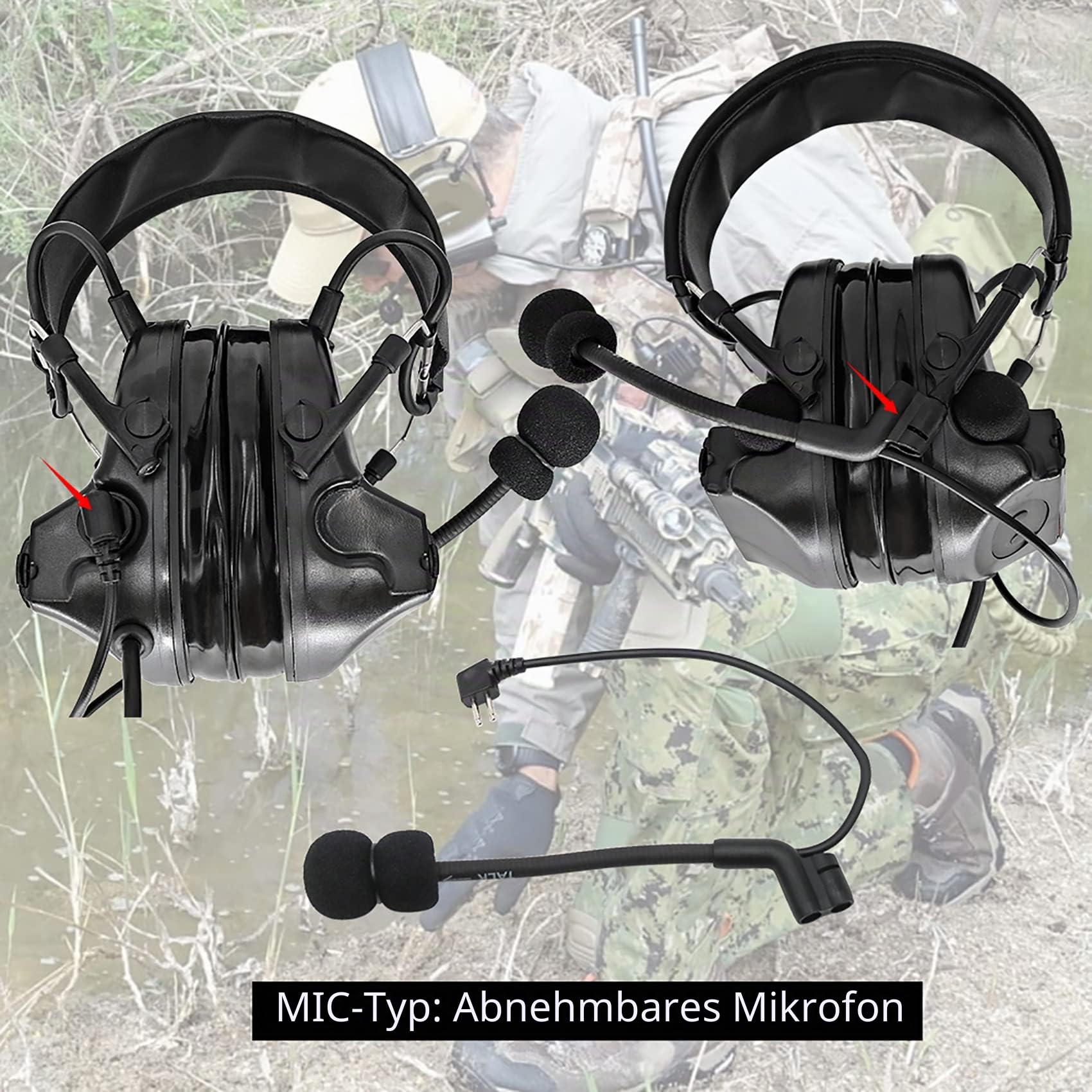 Tactical Headset with Gel Ear Pads Sound Pickup Hearing Defender with PTT 2 PIN for Airsoft Sports