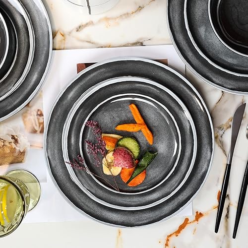 Miniatura 3 de Juego de vajilla de melamina, 12 platos y cuencos de melamina para 4, adecuados para uso en interiores y exteriores, color negro
