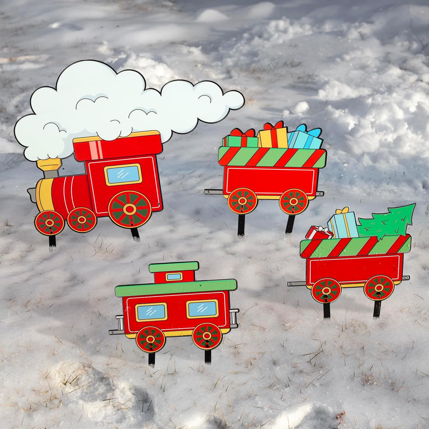 Christmas Metal Yard Signs- Set of 4 Different Train Car Designs- Large 16" Durable Outdoor Xmas Lawn Decorations w Metal Stakes for Easy Set Up- Make an Impact to Your Holiday Light & Garden Display
