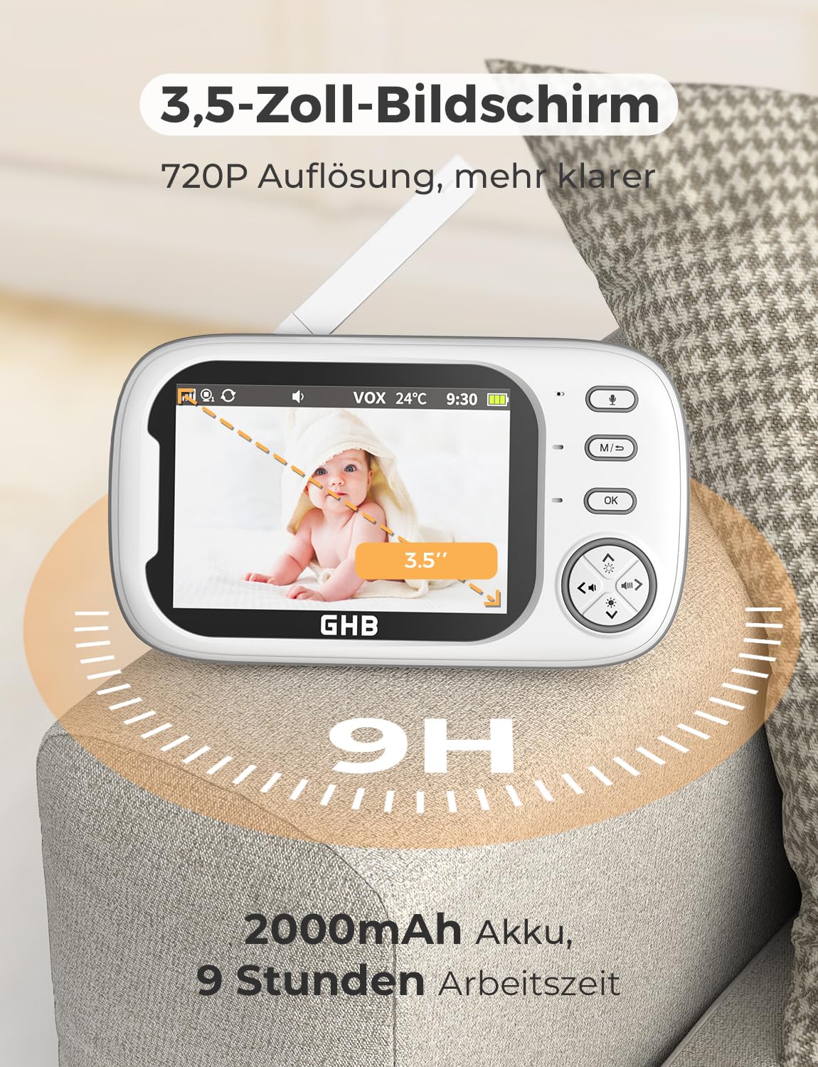 GHB Babyphone mit Kamera 3,5 Zoll Video babyphone mit VOX Modus Babyphone Nachtsicht Gegensprechfunktion Schlaflieder