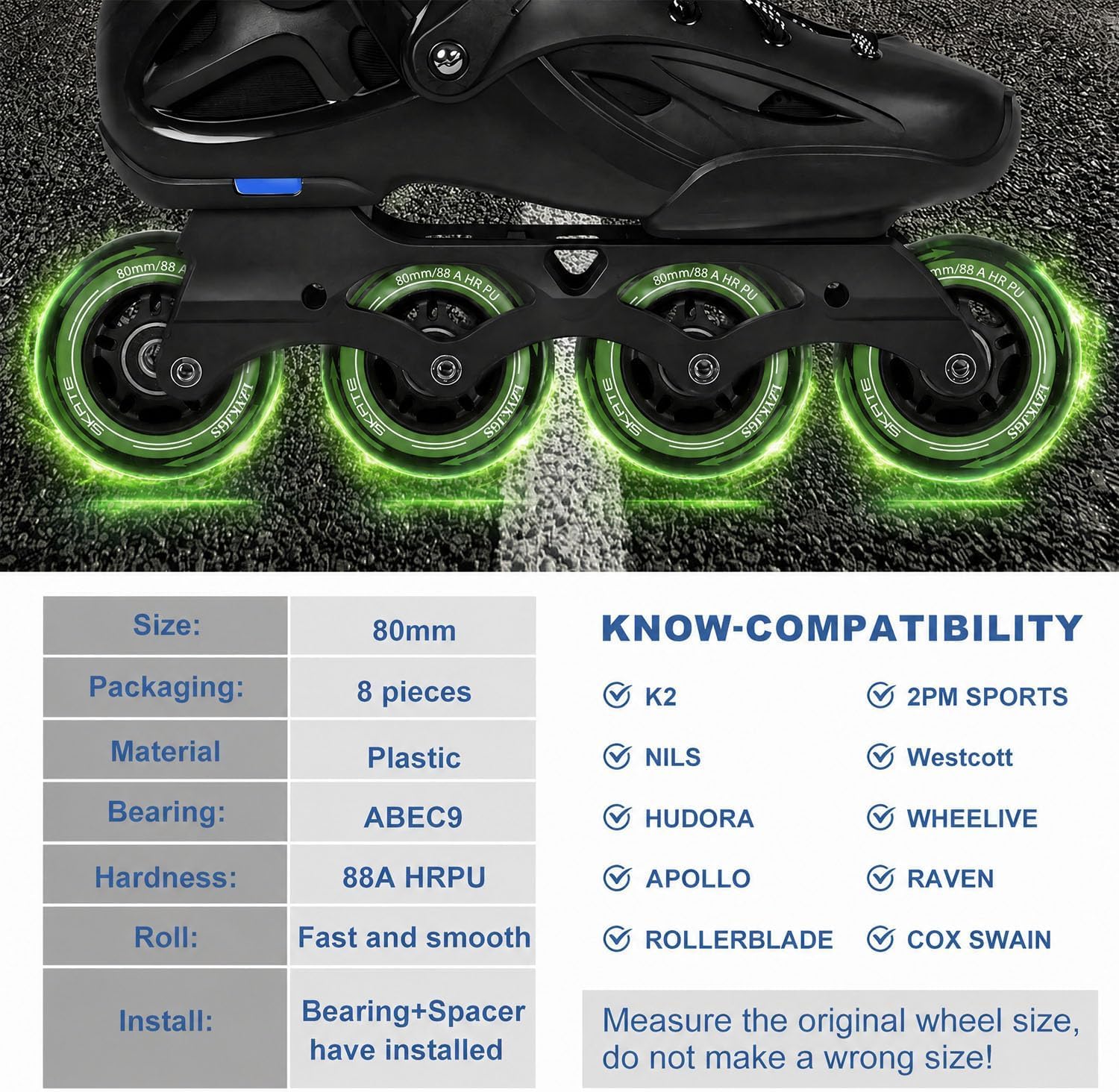 Lot de 8 Roues de Rollers en Ligne, 80mm, Roues de Patinage 88A SHR PU, Roulettes de Roller Avec Roulements ABEC 9, Roues de Rechange pour Roller Pour K2 Gonex Hudora Apollo Inline Skate