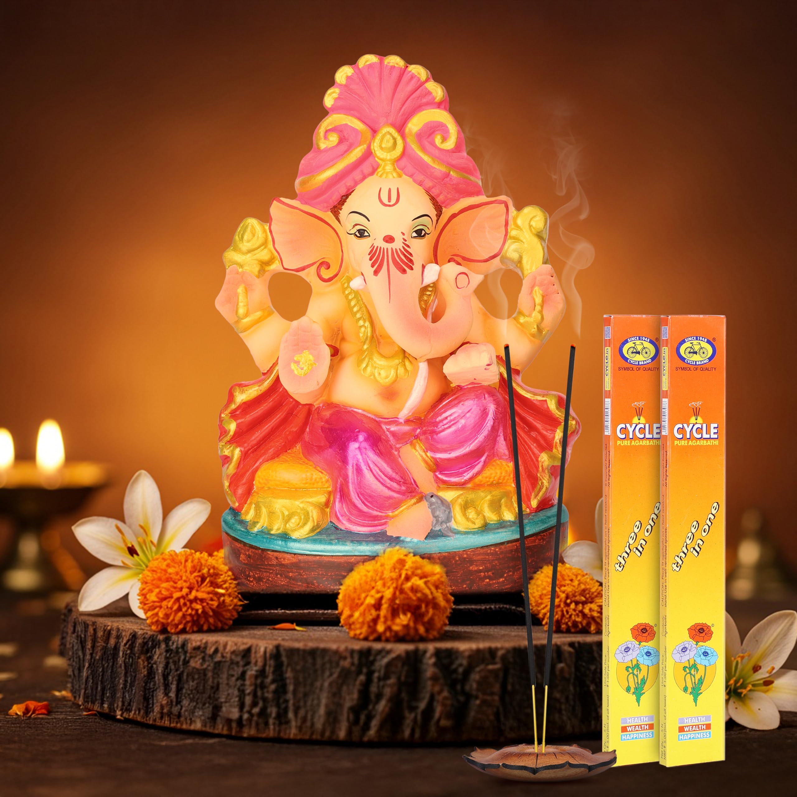 Cycle Clay Ganesha Idol for Ganesh Chaturthi, 8 Inch, Colored, Eco Friendly with Pack of 2 Agarbatti