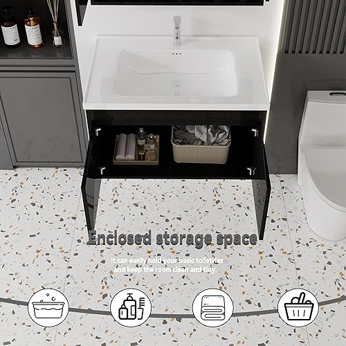 Miniatura 55 de Tocador de baño de 20 pulgadas con lavabo de cerámica, tocador de baño pequeño montado en la pared con puerta de cierre suave, gabinete flotante