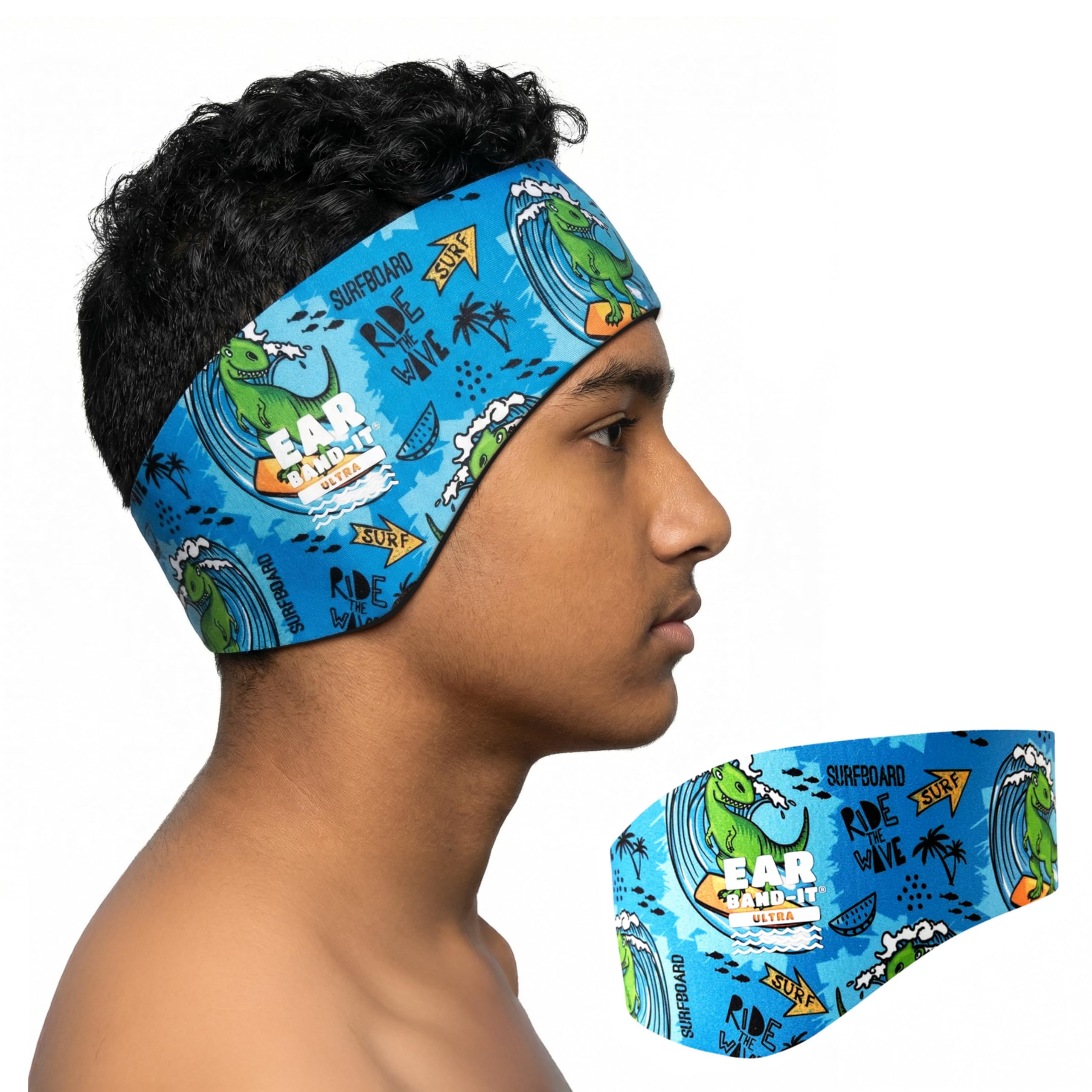 Earvolution Ear Band-It Ultra Swimming Headband, American Brand, Doctor-Invented - Sensory-Friendly- Anti-Slip Grip &Thick Neoprene for Max Protection/Comfort, Holds Earplugs in, (Dino, Small)