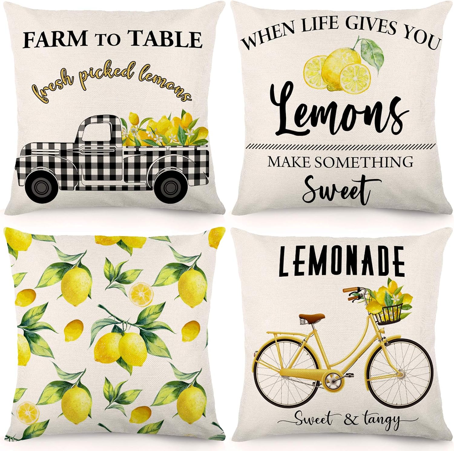 CDWERD Summer Lemon Pillow Covers 18x18 Inches Set of 4 Buffalo Check Summer Outdoor Decorations Farmhouse Throw Pillowcase Linen Cushion Case Home Decor for Spring Summer
