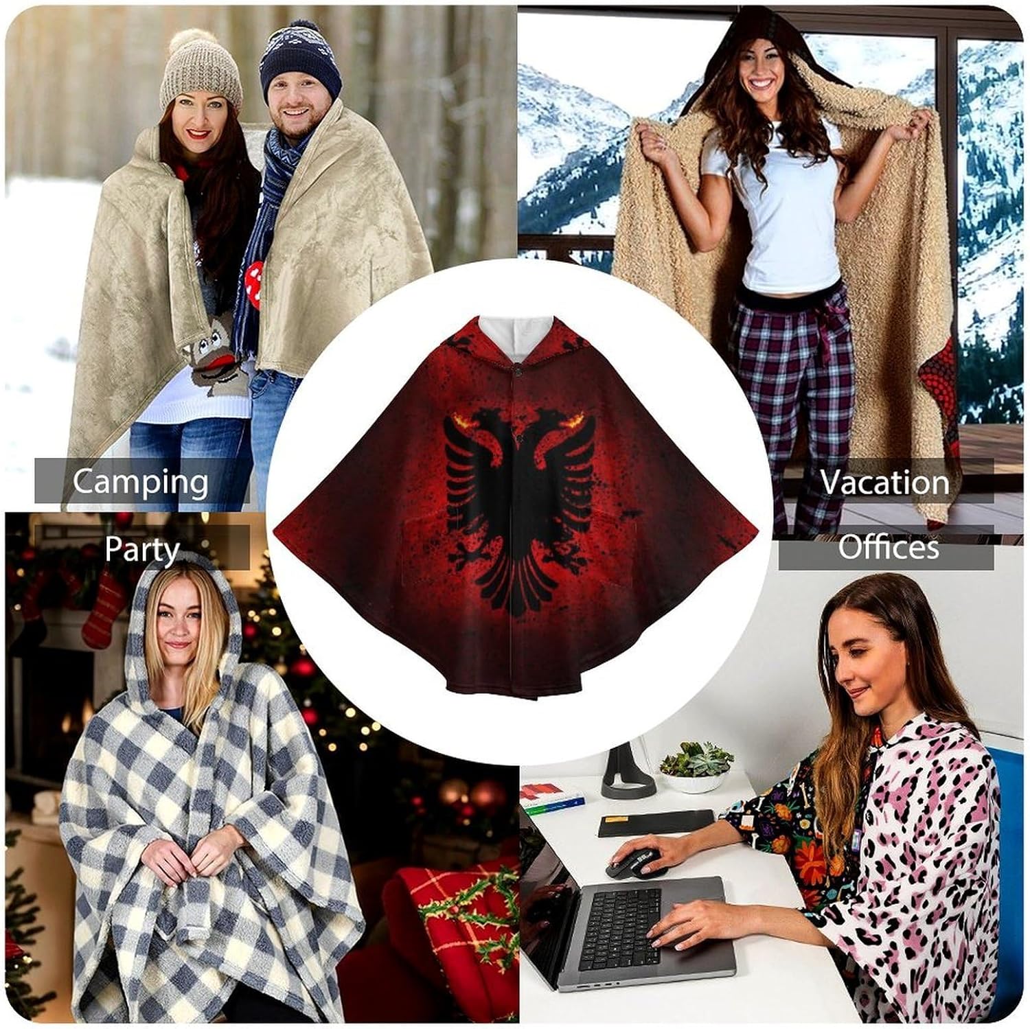 Albania Flag Wearable Blanket with Hooded Flannel Blankets Cape with Pocket