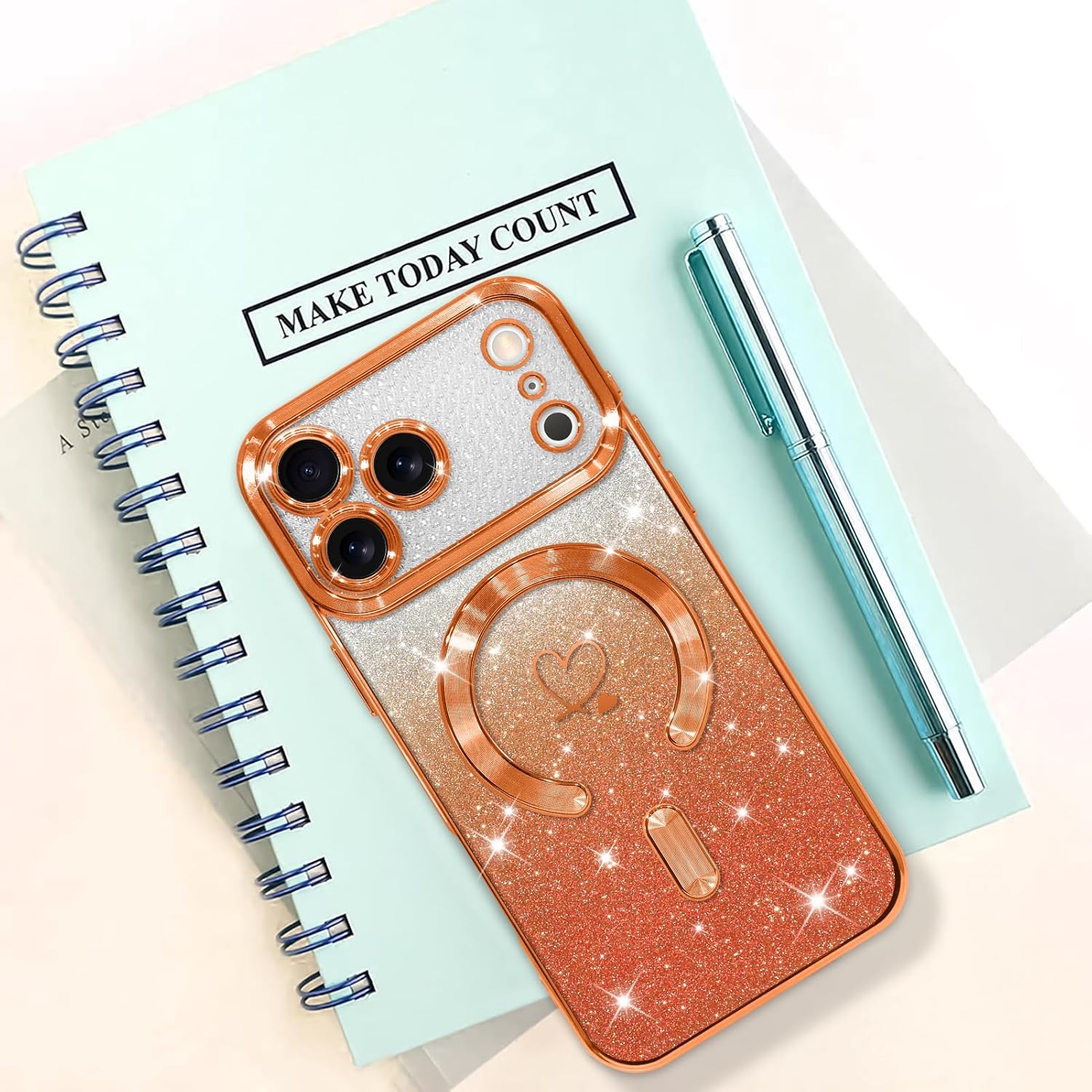 Bonoma Compatible with iPhone 17 Pro Max Case 2025 Support for MagSafe, Plating Heart Glitter Magnetic Case TPU Camera Protection Back Cover for Phone Case -Orange