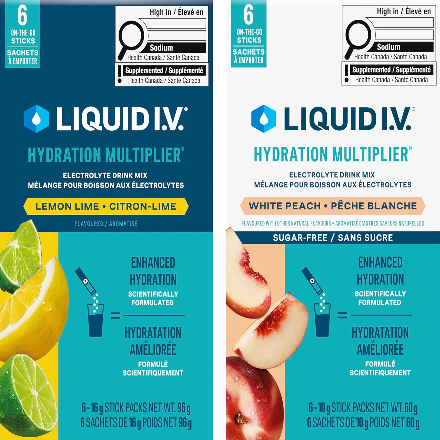 Liquid I.V. - Hydration Multiplier Electrolyte Drink Mix for Accelerated Hydration - Lemon Lime & White Peach with Vitamins B3, B5, B6, B12 and C - 2 x 6 Sachets