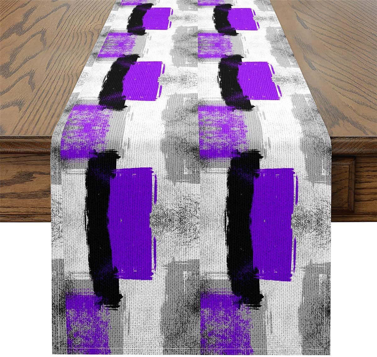 Feelyou Purple Black Grey White Table Runner for Abstract Kitchen Dining Table Decoration for Home Party 13" x 108" Ombre Modern Seasonal Buffalo Check Home Decor Dresser Scarfs Dresser Runners