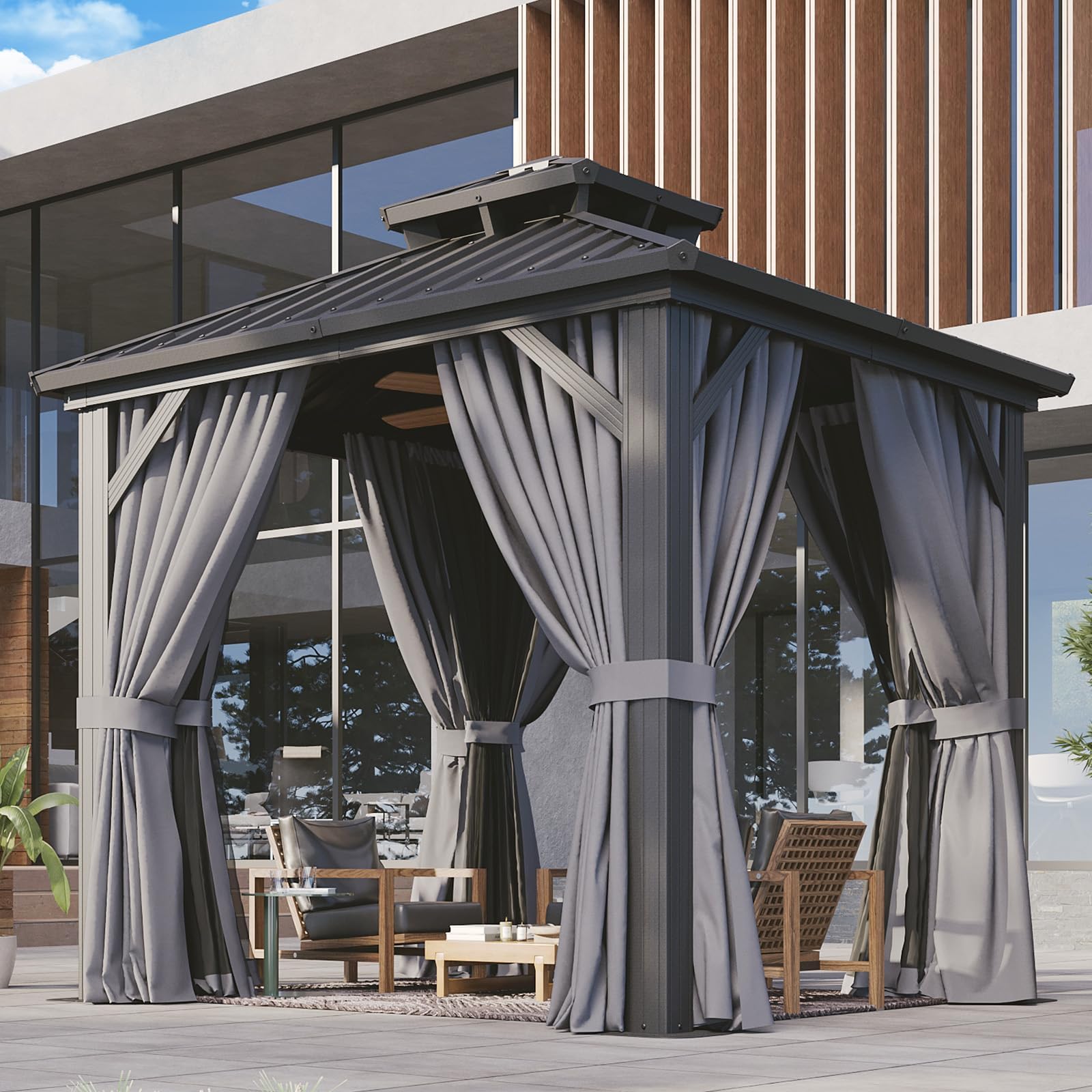 Aoxun 8'x8' Hardtop Gazebo, Aluminum Frame Canopy with Double Galvanized Steel Roof, Outdoor Metal Pavilion with Netting, Curtains for Backyard, Patio and Deck