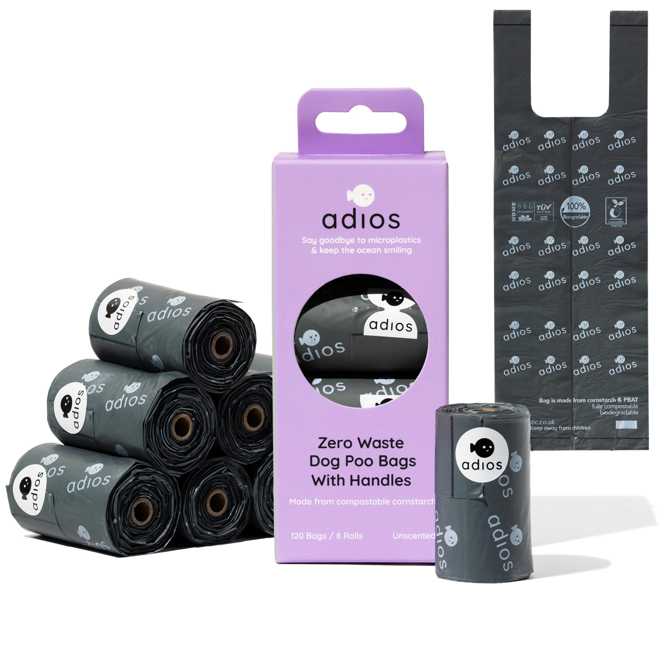 Adios Plastic Grey - Compostable Dog Poop Bags With Handles, 120 Count (8 Rolls) - Colour - Extra Thick, Leakproof, Odour Proof Dog Waste Bags - Made From Compostable Cornstarch - Easy Tear Rolls