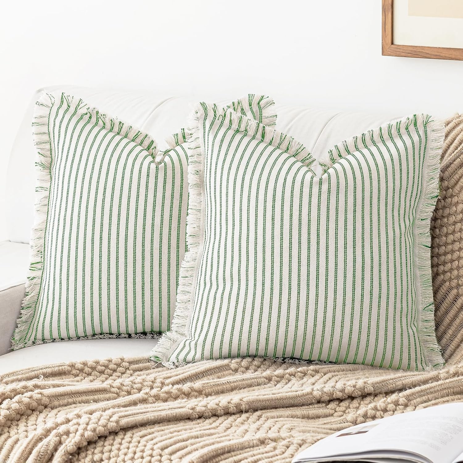 YEENAASY Throw Pillow Covers 18x18 Boho Striped Pillow Cases with Tassel