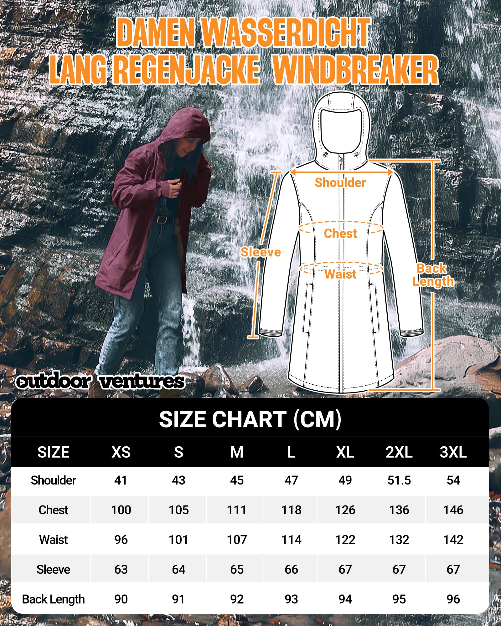 Outdoor Ventures Chubasquero largo para mujer, impermeable, cortavientos, chaqueta de entretiempo, ligera, transpirable, chaqueta para exteriores, parka de lluvia con capucha
