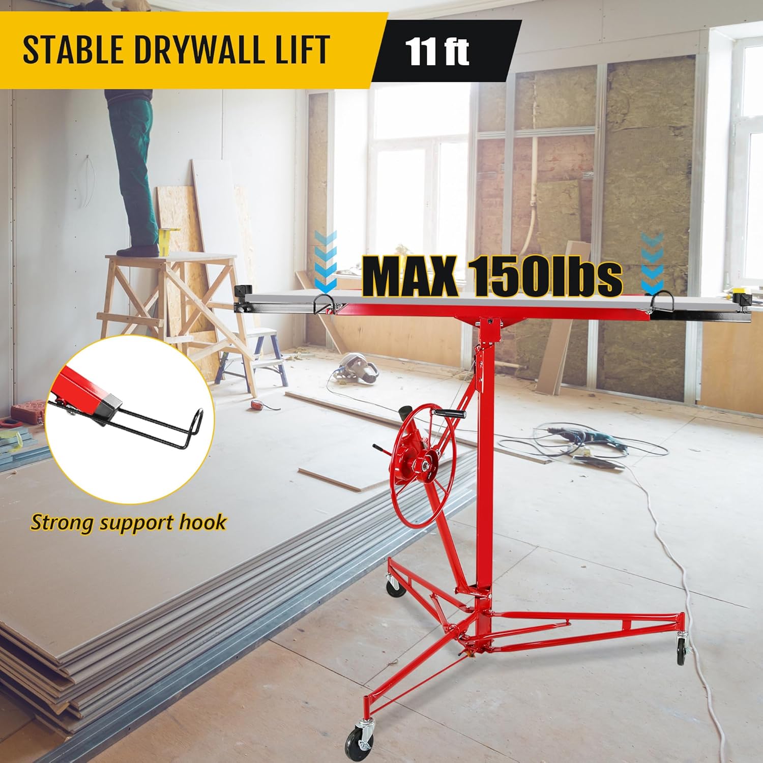 Drywall Lift 11FT, 150lb Capacity Heavy Duty Sheetrock Hoist w/Telescopic Arm & Locking Wheels, Steel Panel Lifter for Ceiling, Construction, One-Person Drywall Installation