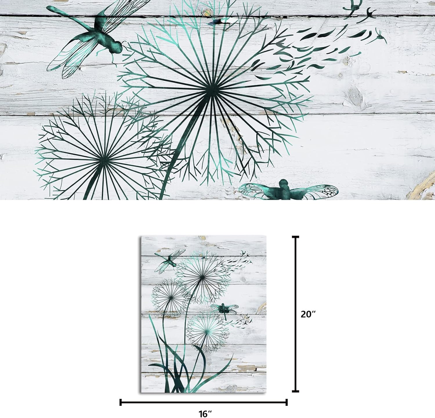Visual Art Decor Teal Dragonfly with Dandelions Rustic Canvas Wall Art Farmhouse Living Room Bedroom Kitchen Wall Decor, Framed Ready to Hang, 16inx20in