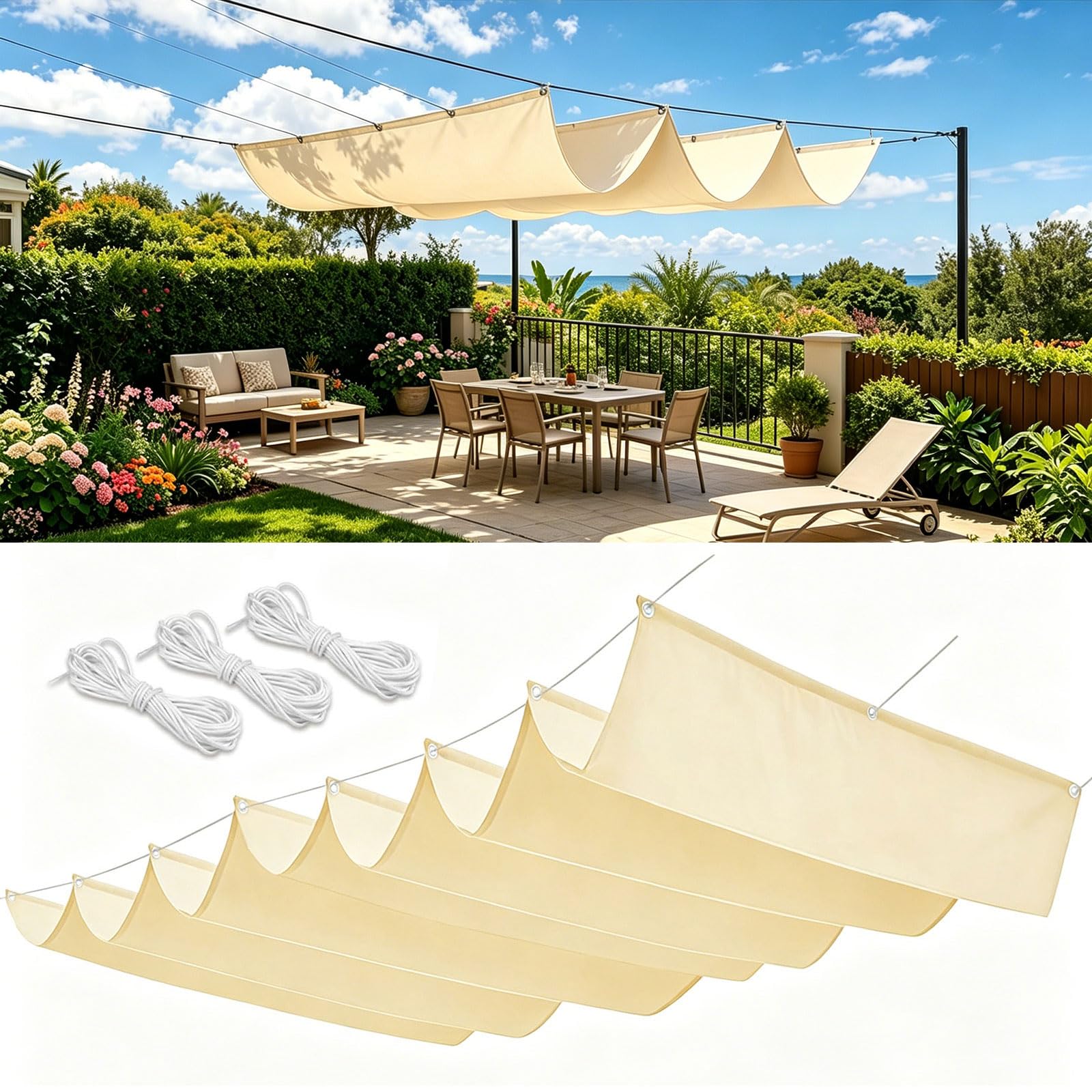 Toile ombrage exterieur rétractable crème pour pergola et repas de jardin