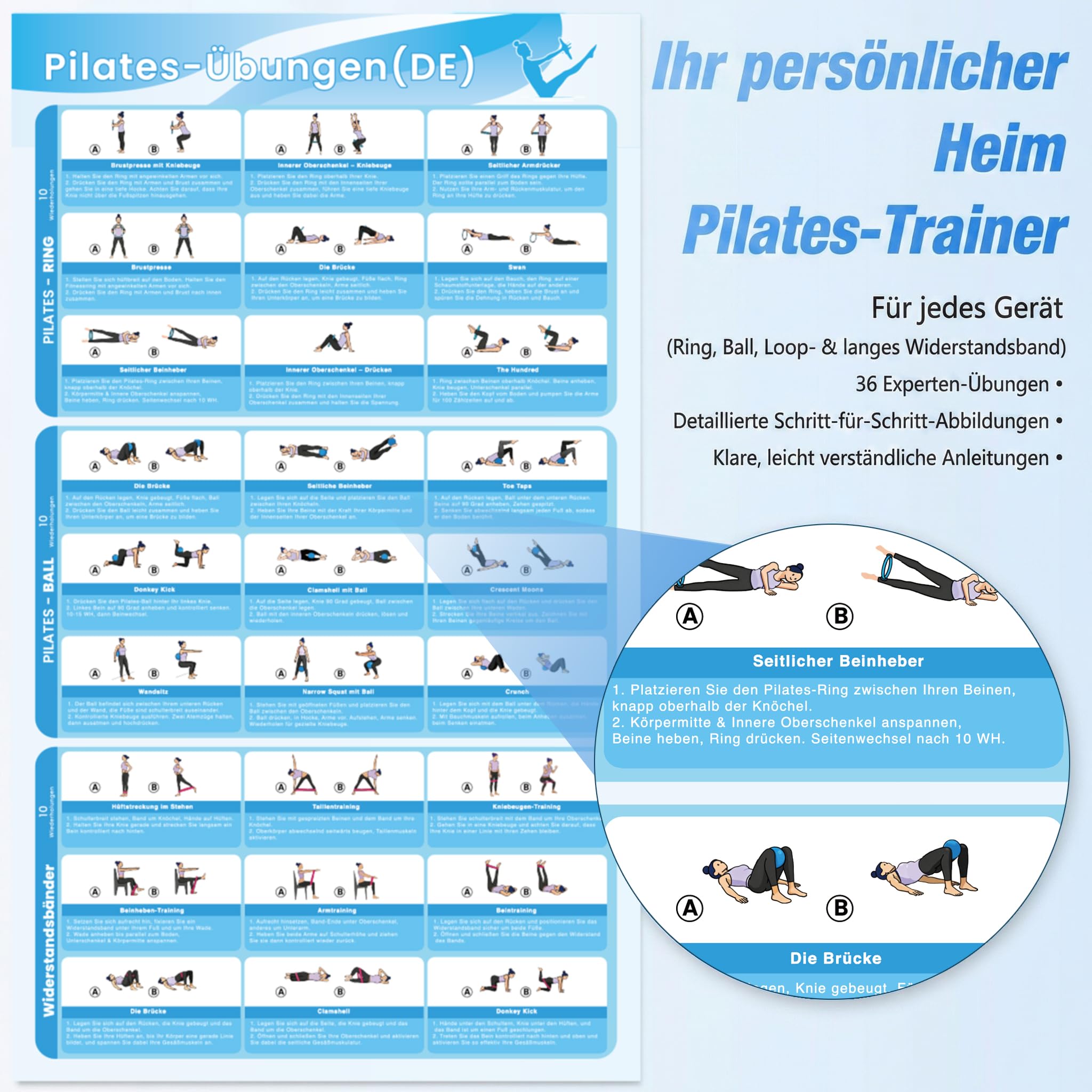 GINMIC Pilates Set, 13-teiliges Trainingsset für Zuhause mit Pilates-Ring und -Ball, 3 Widerstandsbänder in 3 Stärken, inkl. Übungsanleitung und Tragetasche – Ideal für Anfänger und Ganzkörpertraining