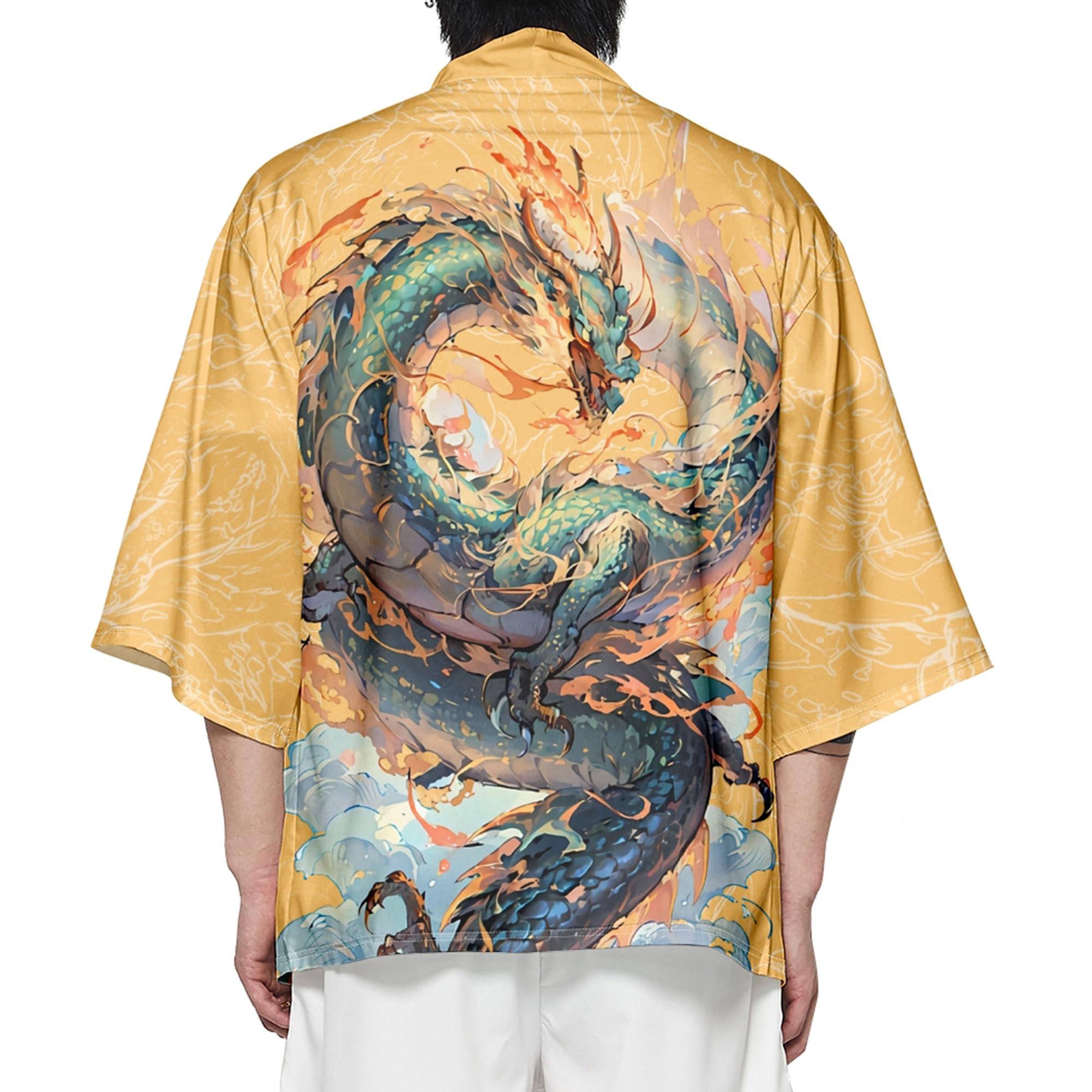 DOSLAVIDA Ensemble de veste kimono japonaise pour hommes, veste élégante ouverte sur le devant avec short, cardigan imprimé de style chinois