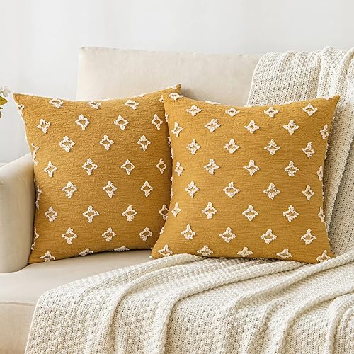 SWANCOCO Juego de 2 fundas de almohada decorativas de 20 x 20 pulgadas, fundas de almohada amarillas de jacquard con rombos bohemios, funda de cojín
