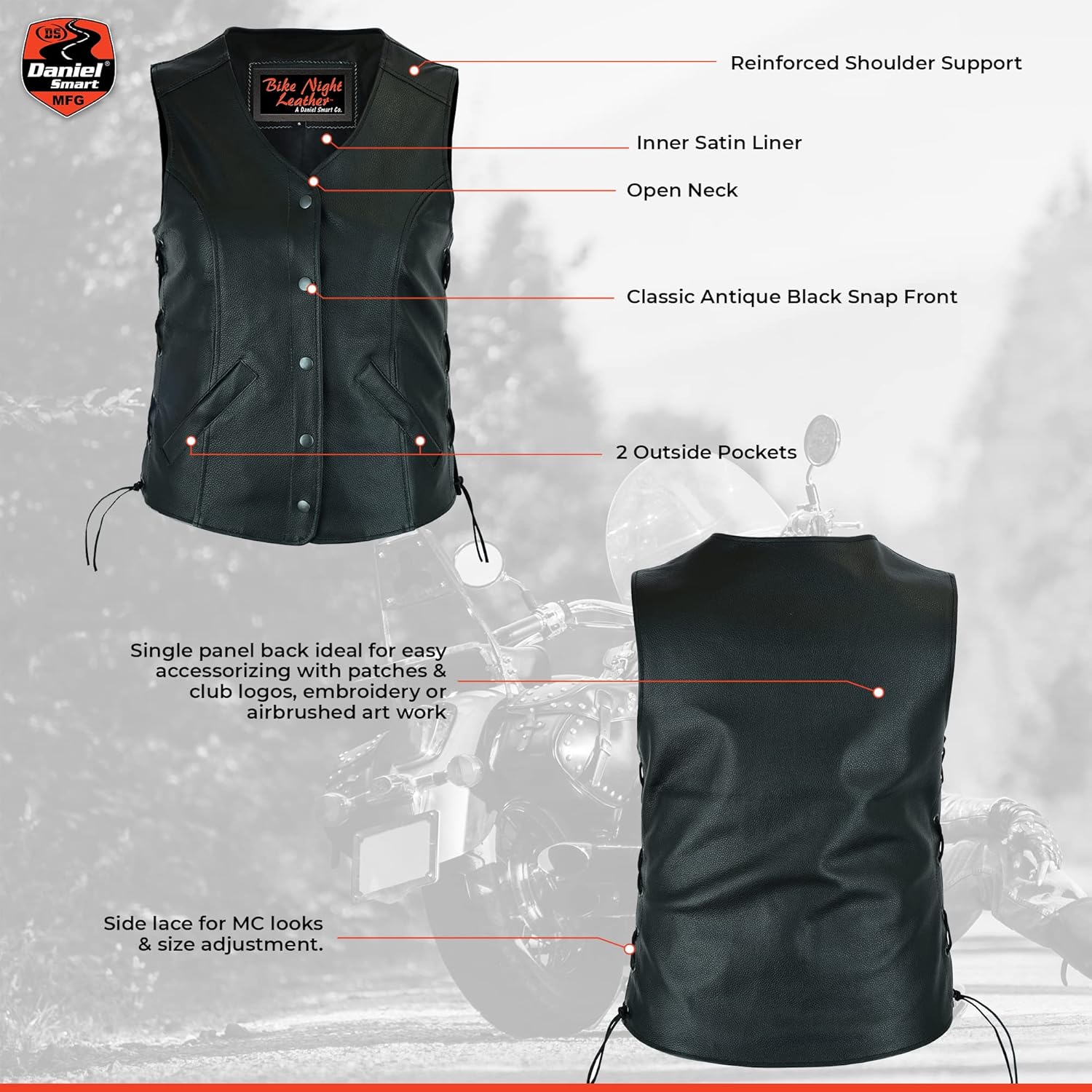 Daniel Smart Black Women Leather Vest – Open Neck Leather Vest with Side Laces and concealment Armory Pocket : Automotive