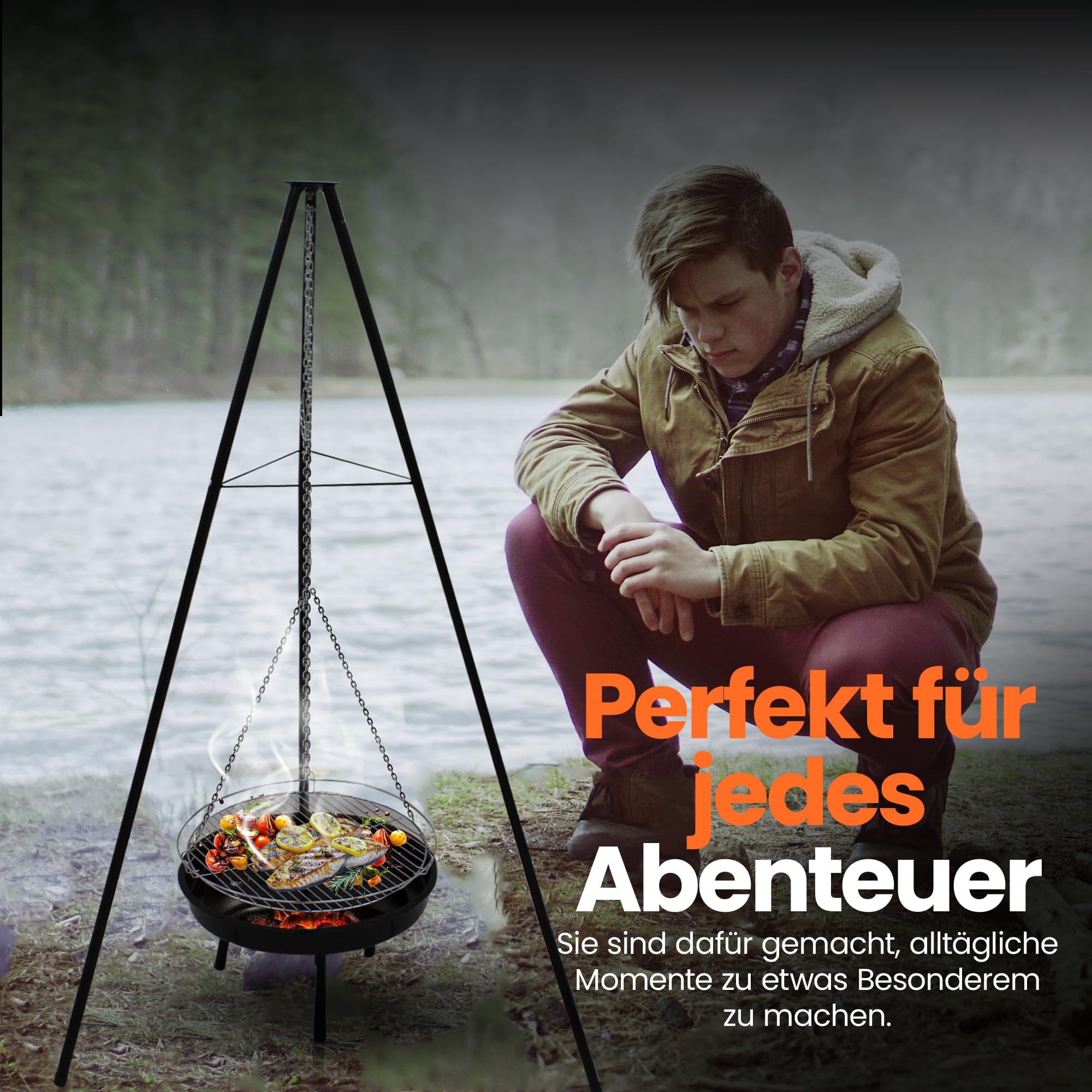 BBQ Multi-Grill Schwenkgrill, Tripod Set,160 cm,Dreibein mit Feuerschale,Grillrost,Räucherplanken & Topf, Höhenverstellbar, Outdoor Grillen, Kochen im Garten schwarz